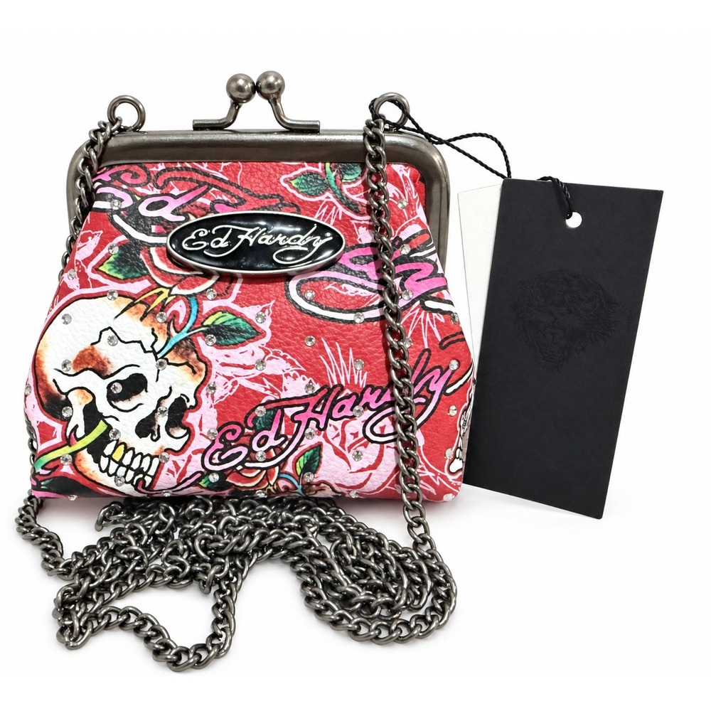 NWT Ed Hardy Y2K Pink Skull Rose Kiss-Lock Mini Chain Shoulder Bag